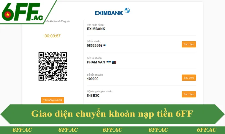 Giao diện chuyển khoản và quét mã QR khi nạp tiền 6FF
