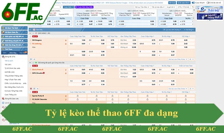 Tỷ lệ kèo thể thao 6FF đa dạng châu Á châu Âu